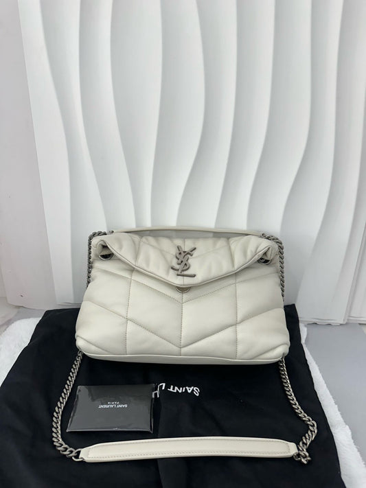 Pre-owned Certified YSL Saint Laurent Small Puffer in White Lambskin with Silver Hardware, w/ dust bag
