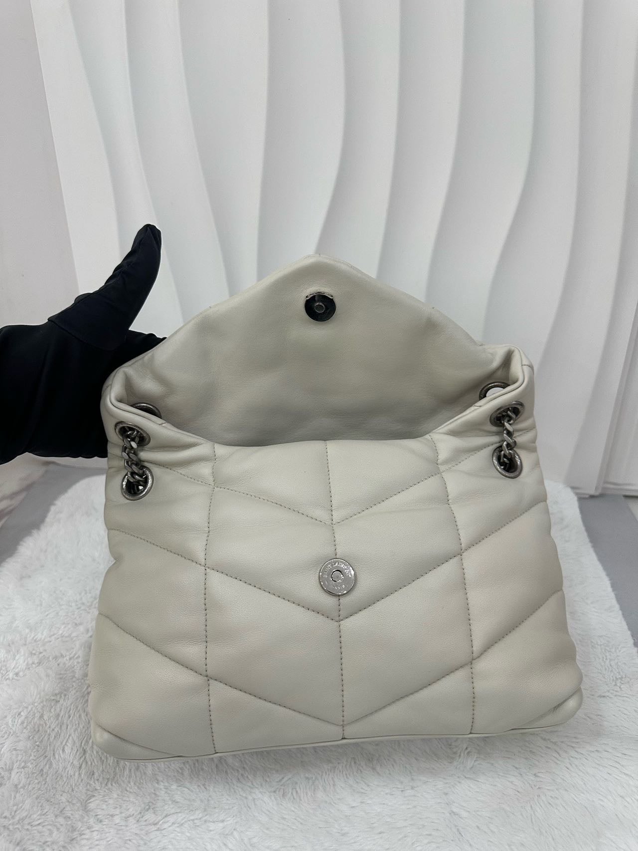 Pre-owned Certified YSL Saint Laurent Small Puffer in White Lambskin with Silver Hardware, w/ dust bag