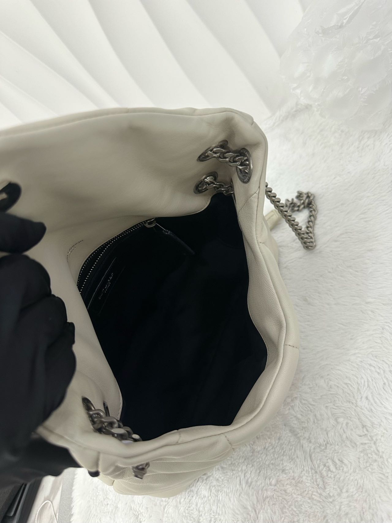 Pre-owned Certified YSL Saint Laurent Small Puffer in White Lambskin with Silver Hardware, w/ dust bag
