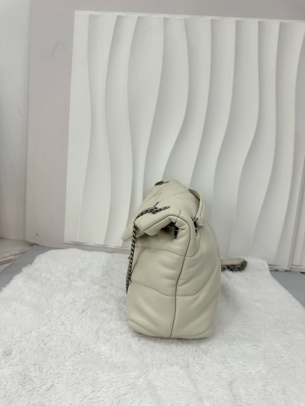 Pre-owned Certified YSL Saint Laurent Small Puffer in White Lambskin with Silver Hardware, w/ dust bag