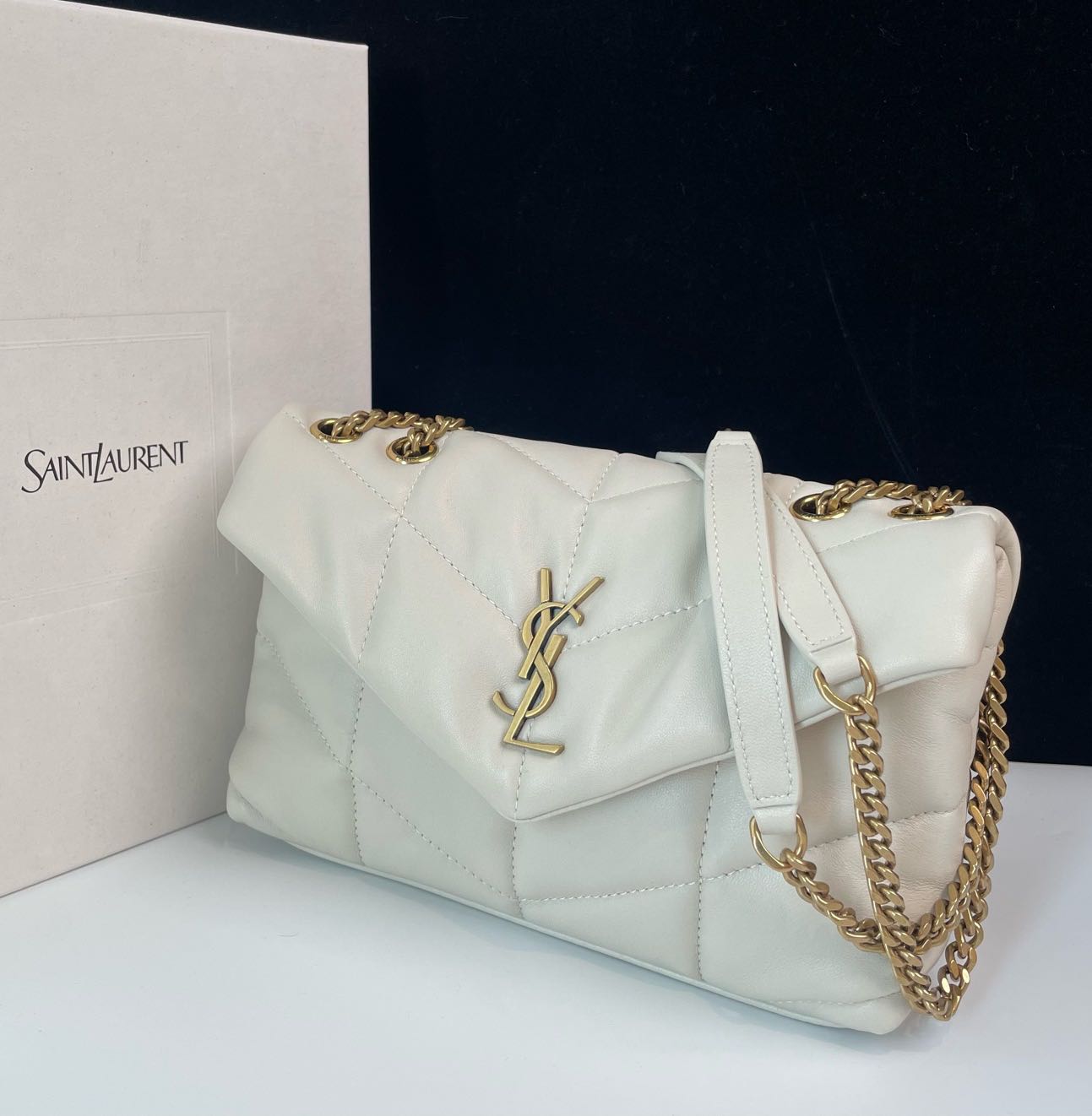 Pre-owned Certified YSL Saint Laurent Toy Puffer in White Lambskin with Golden Hardware, 2024, w/ dust bag