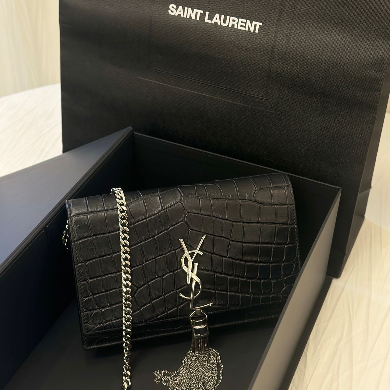 Pre-owned Certified Saint Laurent YSL Small Classic Monogram WOC in Black Crocodile Embossed Calfskin with Silver Hardware