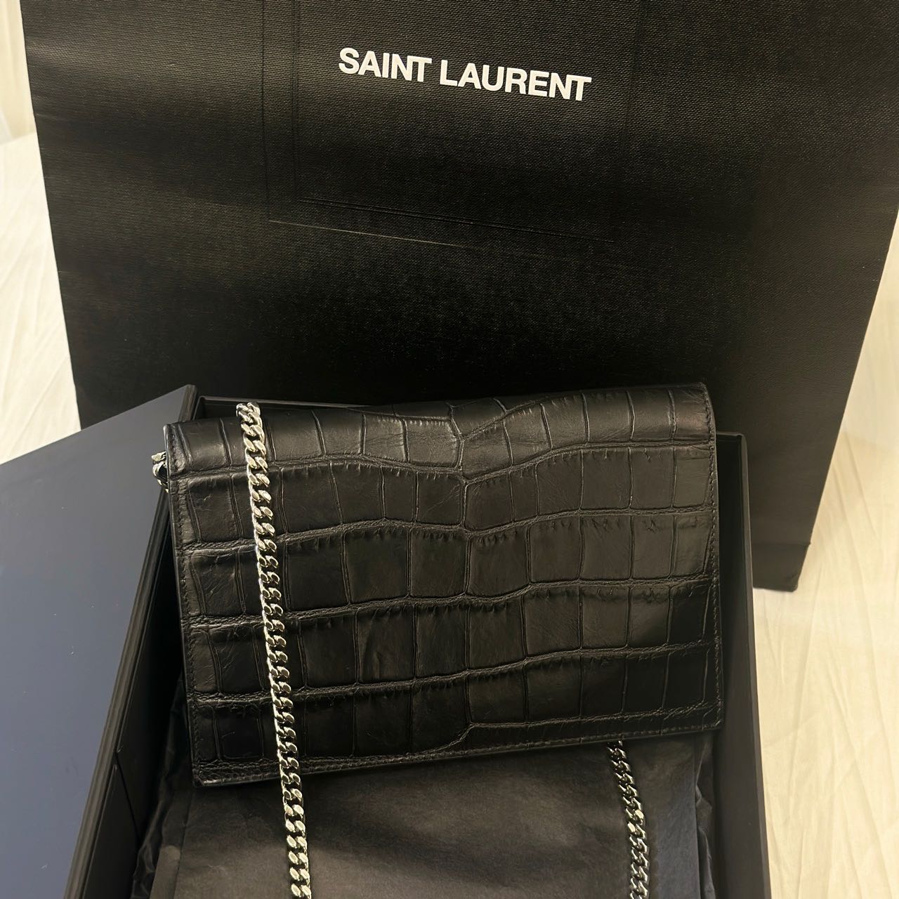 Pre-owned Certified Saint Laurent YSL Small Classic Monogram WOC in Black Crocodile Embossed Calfskin with Silver Hardware