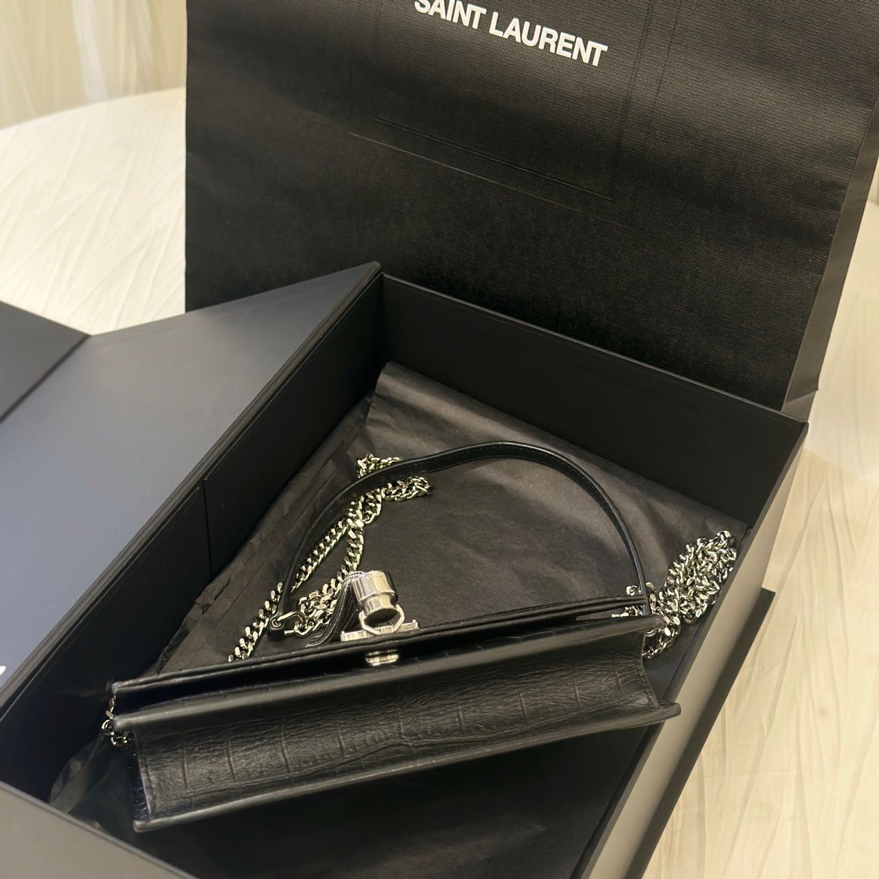 Pre-owned Certified Saint Laurent YSL Small Classic Monogram WOC in Black Crocodile Embossed Calfskin with Silver Hardware