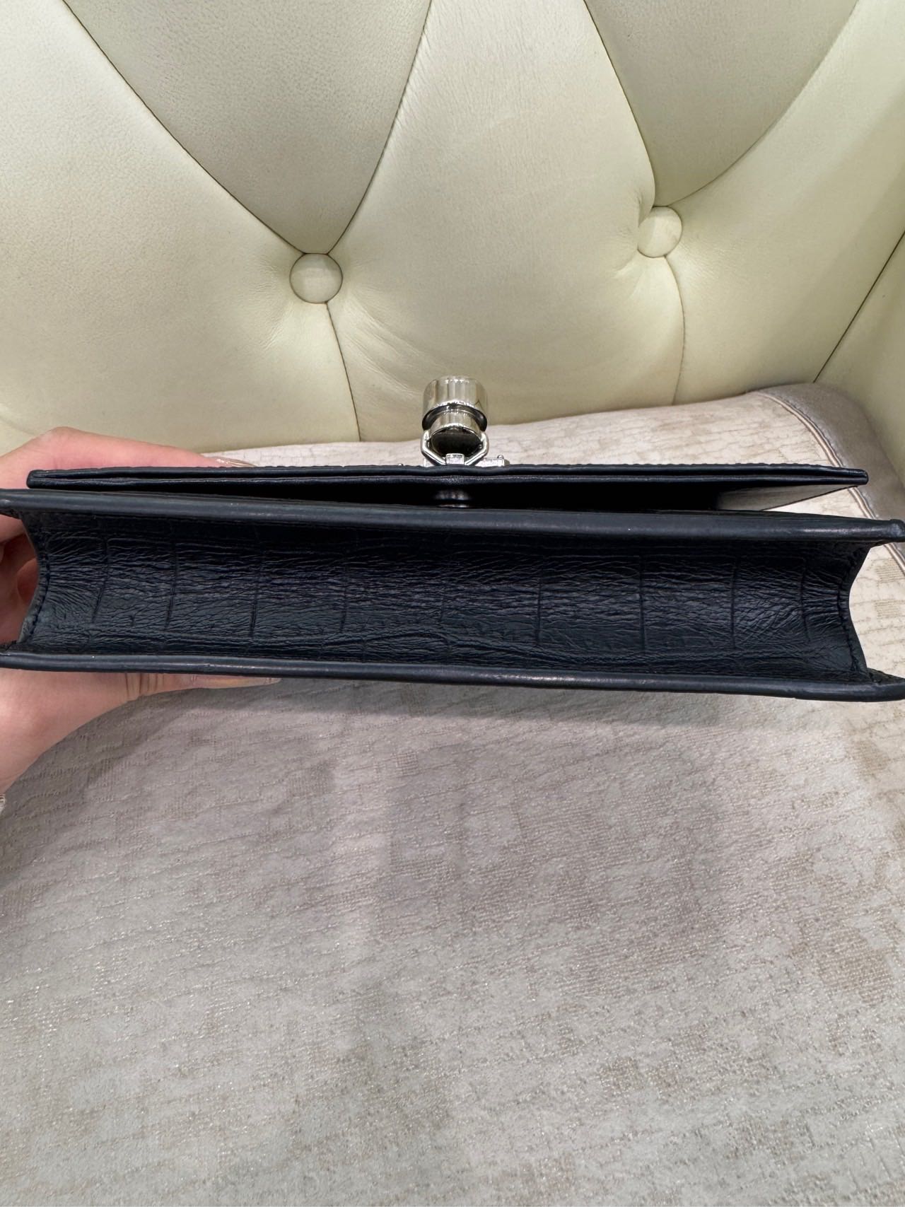 Pre-owned Certified Saint Laurent YSL Small Classic Monogram WOC in Black Crocodile Embossed Calfskin with Silver Hardware