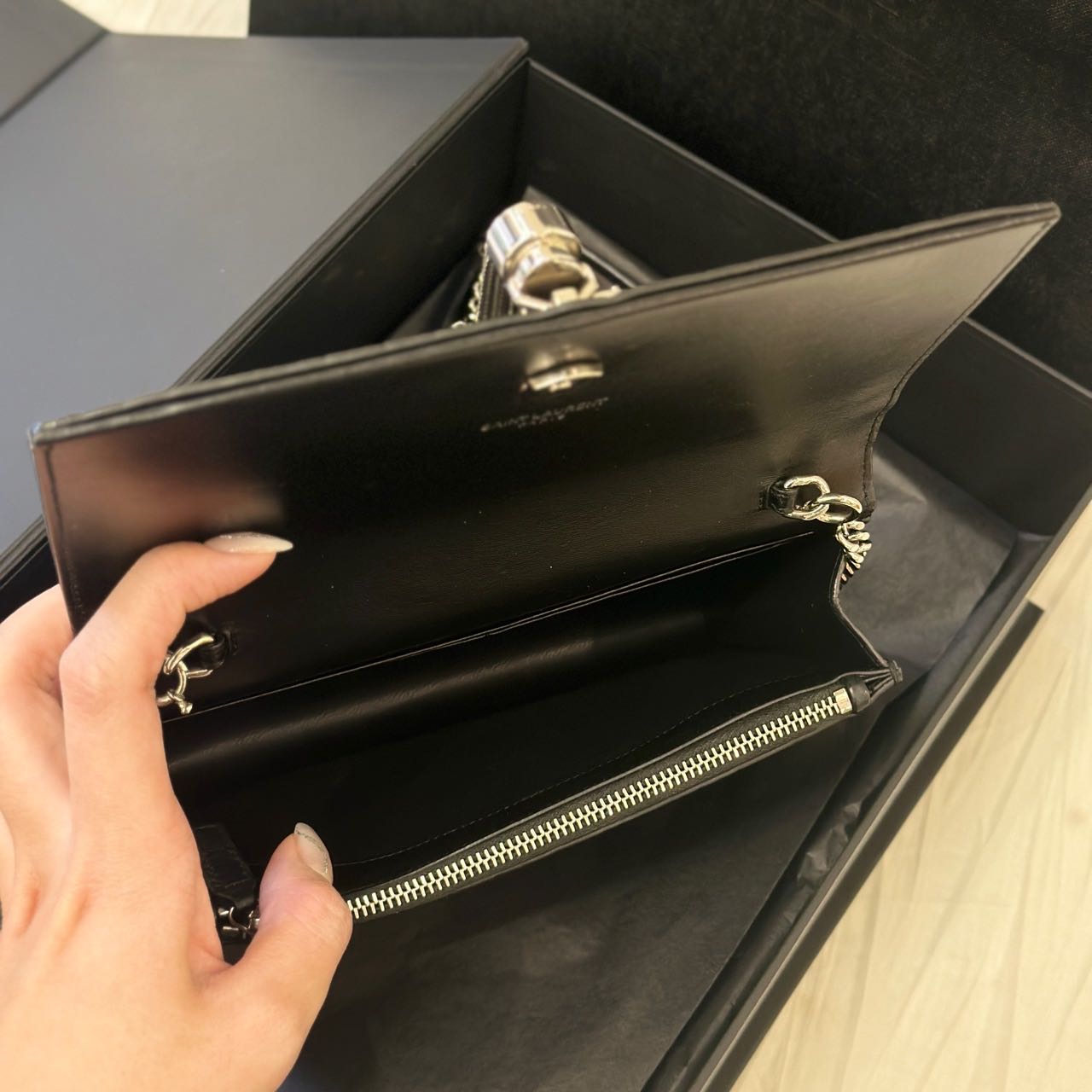 Pre-owned Certified Saint Laurent YSL Small Classic Monogram WOC in Black Crocodile Embossed Calfskin with Silver Hardware