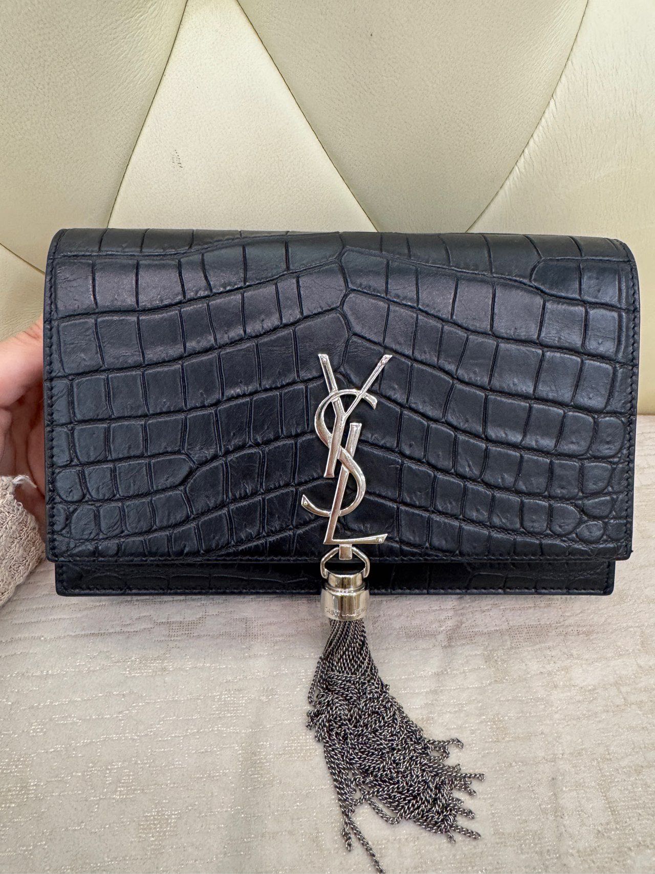 Pre-owned Certified Saint Laurent YSL Small Classic Monogram WOC in Black Crocodile Embossed Calfskin with Silver Hardware