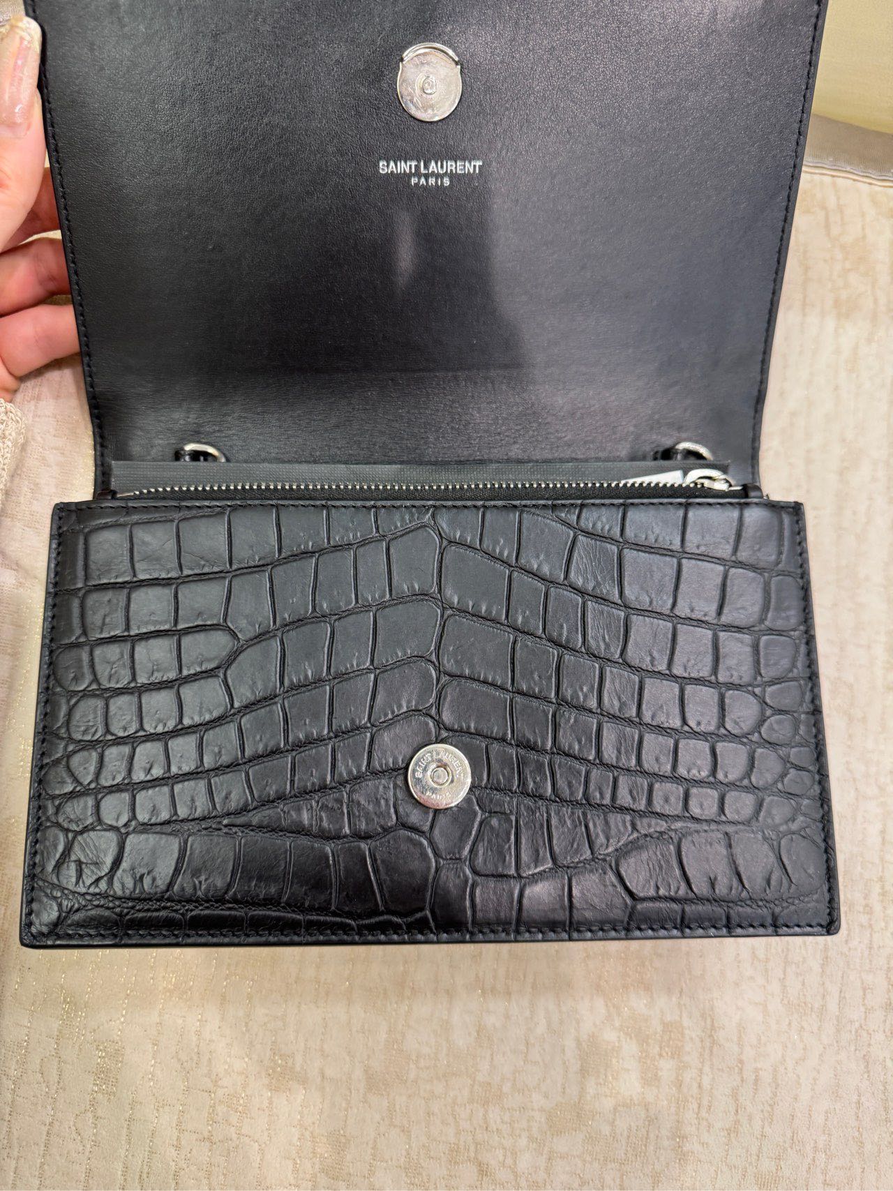 Pre-owned Certified Saint Laurent YSL Small Classic Monogram WOC in Black Crocodile Embossed Calfskin with Silver Hardware