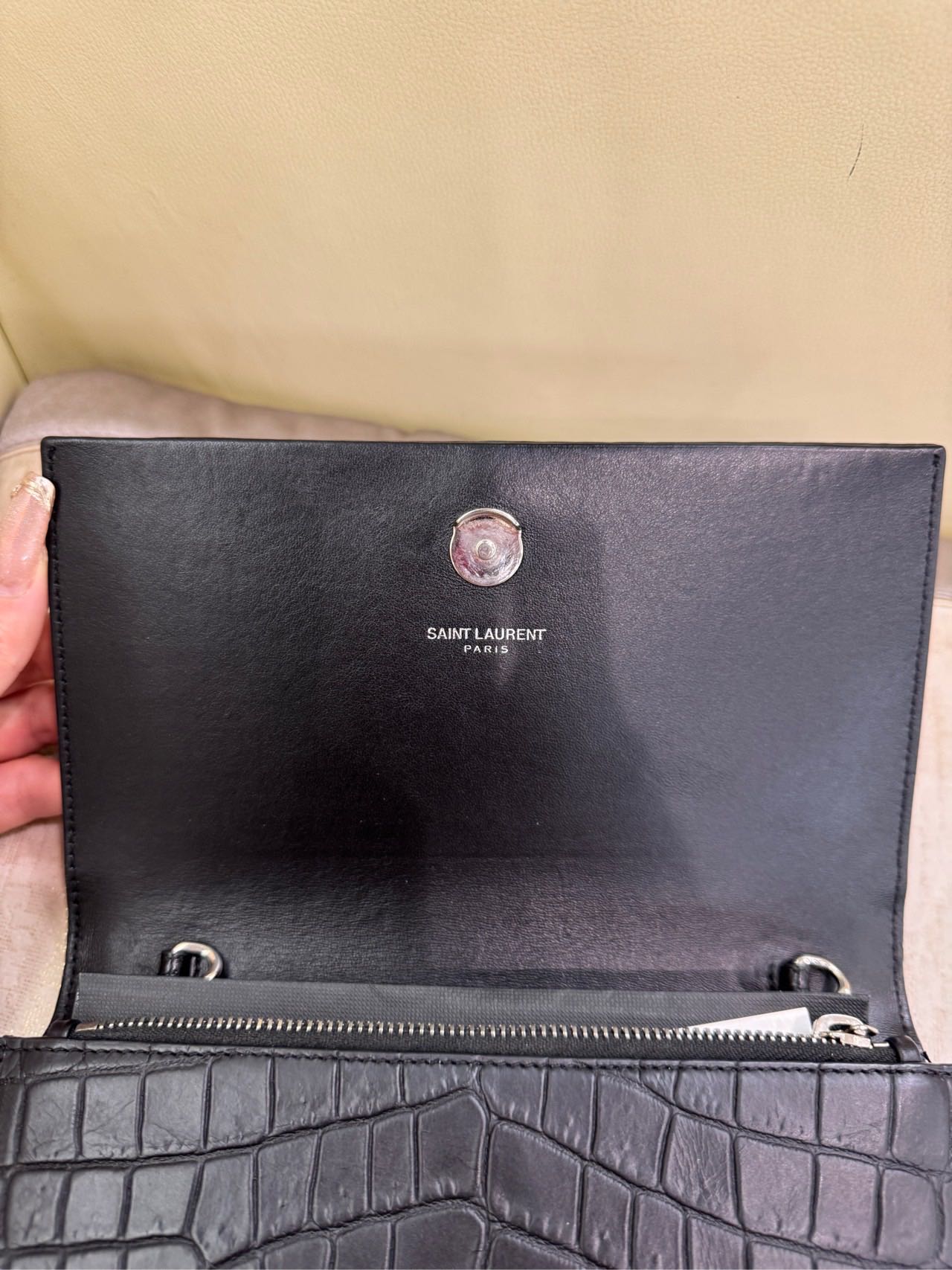 Pre-owned Certified Saint Laurent YSL Small Classic Monogram WOC in Black Crocodile Embossed Calfskin with Silver Hardware