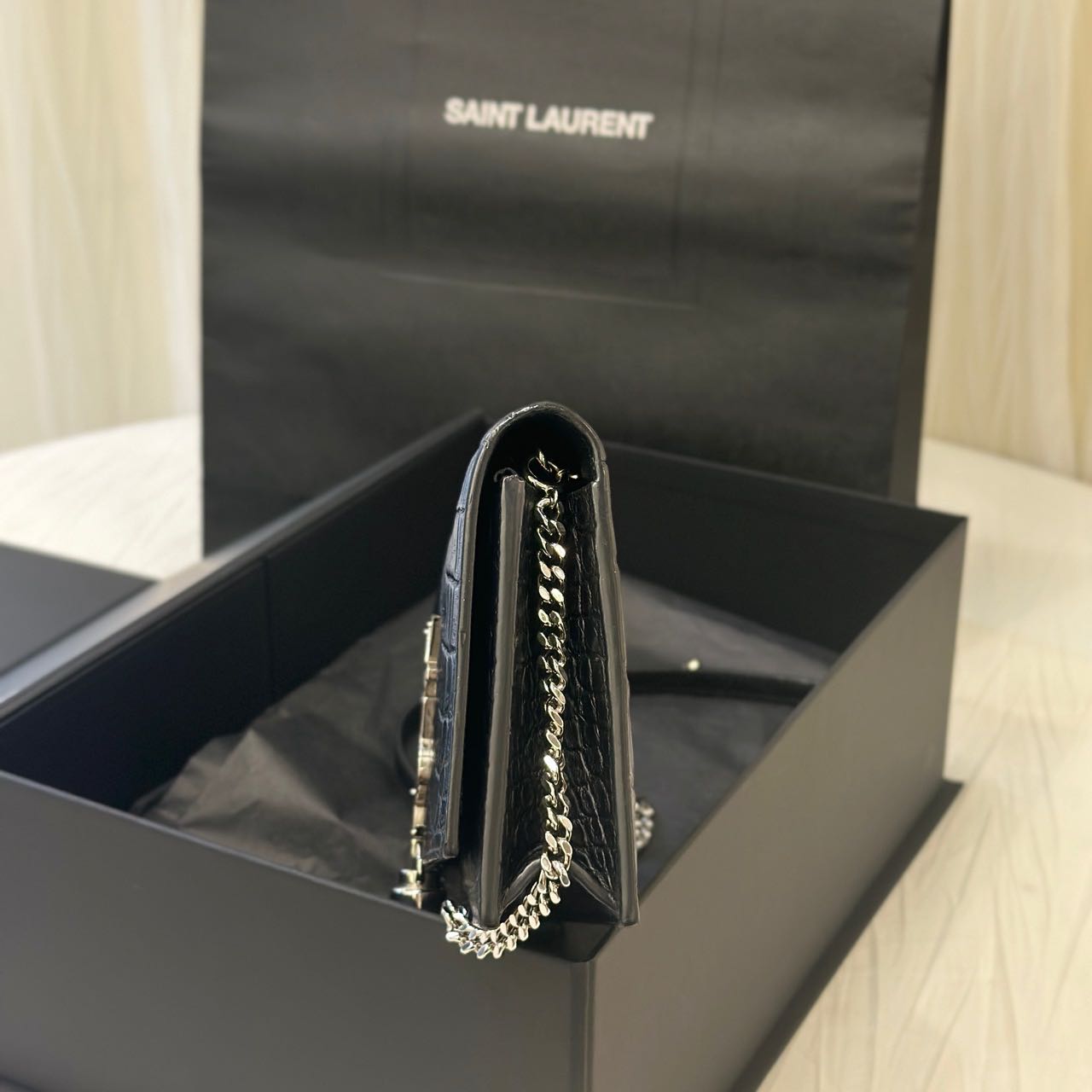Pre-owned Certified Saint Laurent YSL Small Classic Monogram WOC in Black Crocodile Embossed Calfskin with Silver Hardware