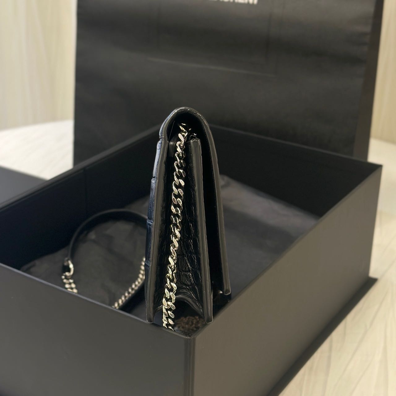 Pre-owned Certified Saint Laurent YSL Small Classic Monogram WOC in Black Crocodile Embossed Calfskin with Silver Hardware