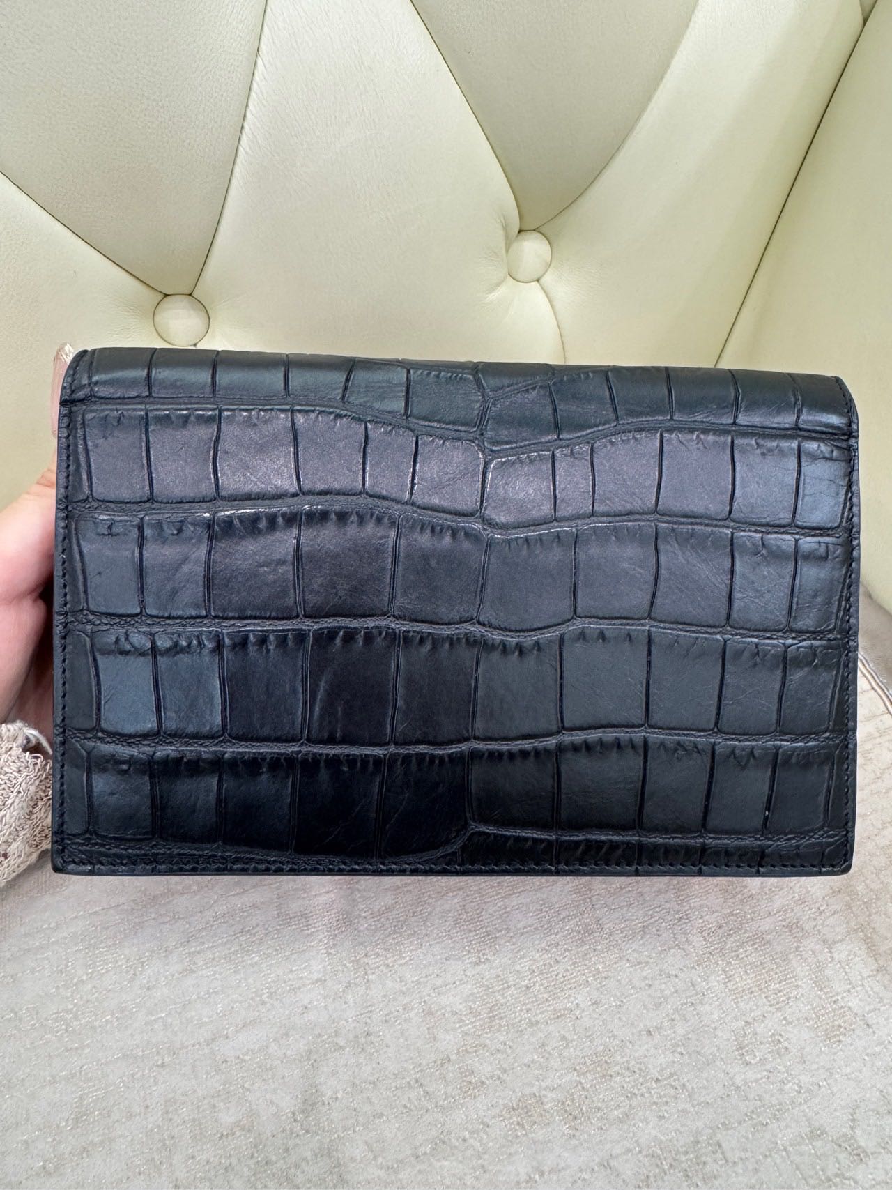 Pre-owned Certified Saint Laurent YSL Small Classic Monogram WOC in Black Crocodile Embossed Calfskin with Silver Hardware
