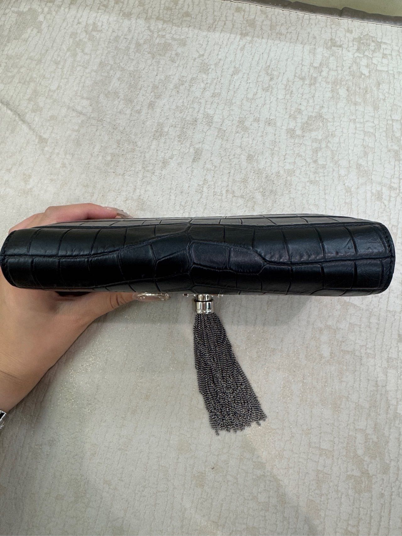Pre-owned Certified Saint Laurent YSL Small Classic Monogram WOC in Black Crocodile Embossed Calfskin with Silver Hardware