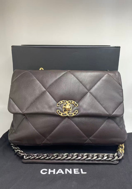 Pre-owned Certified Chanel Medium 19Bag in Dark Chocolate Brown Lambskin with Golden Hardware, 2021 microchipped, w/ Full Set