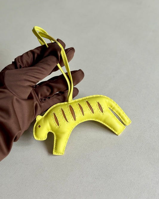 Pre-owned Certified Hermes Rooroo Tiger Bag Charm in Yellow and Brown Lambskin