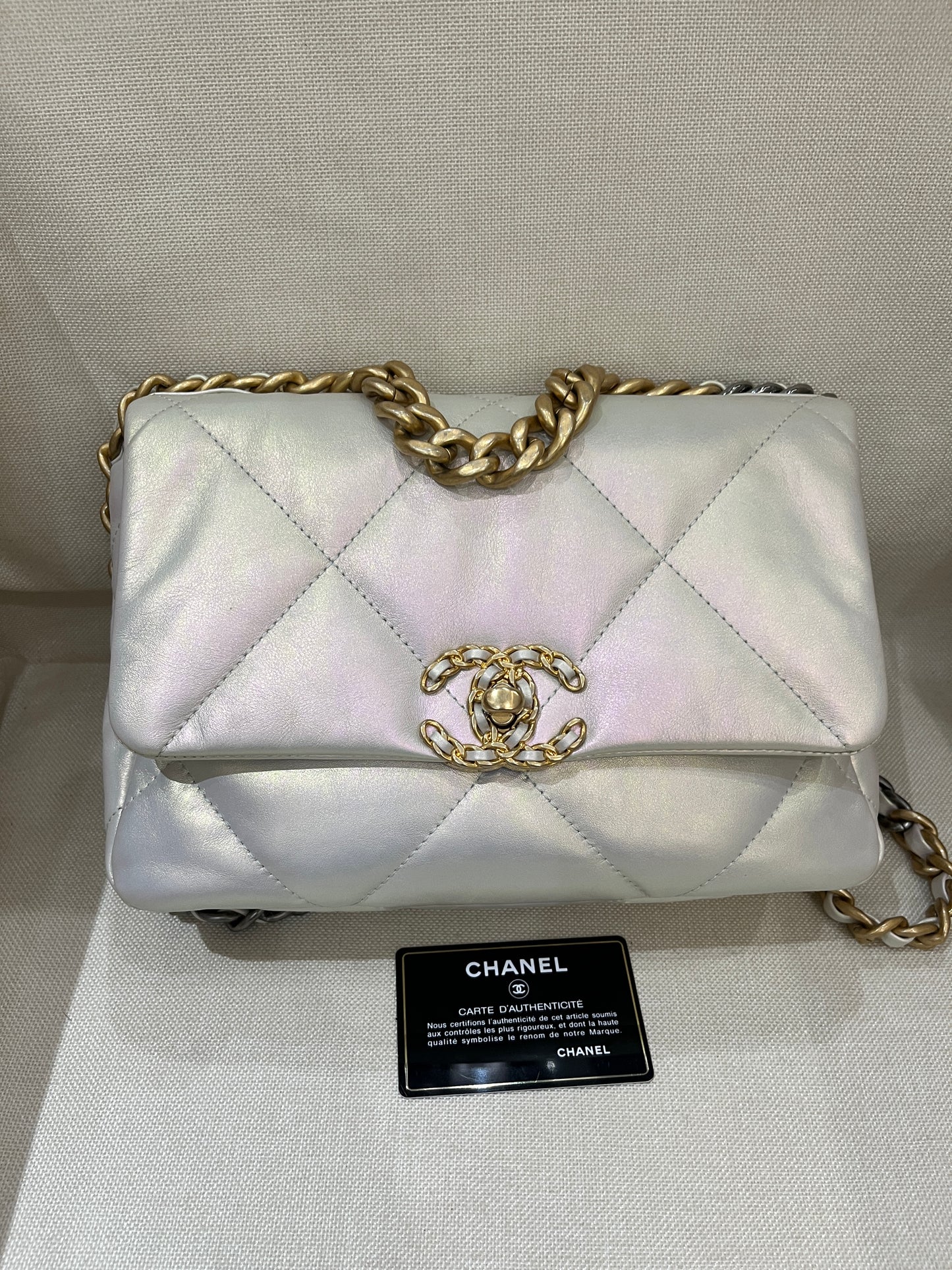 Pre-owned Certified Chanel 19Bag Small in Silver Pearlescent Metallic Lambskin with Golden Hardware, 2021, w/ Full Set